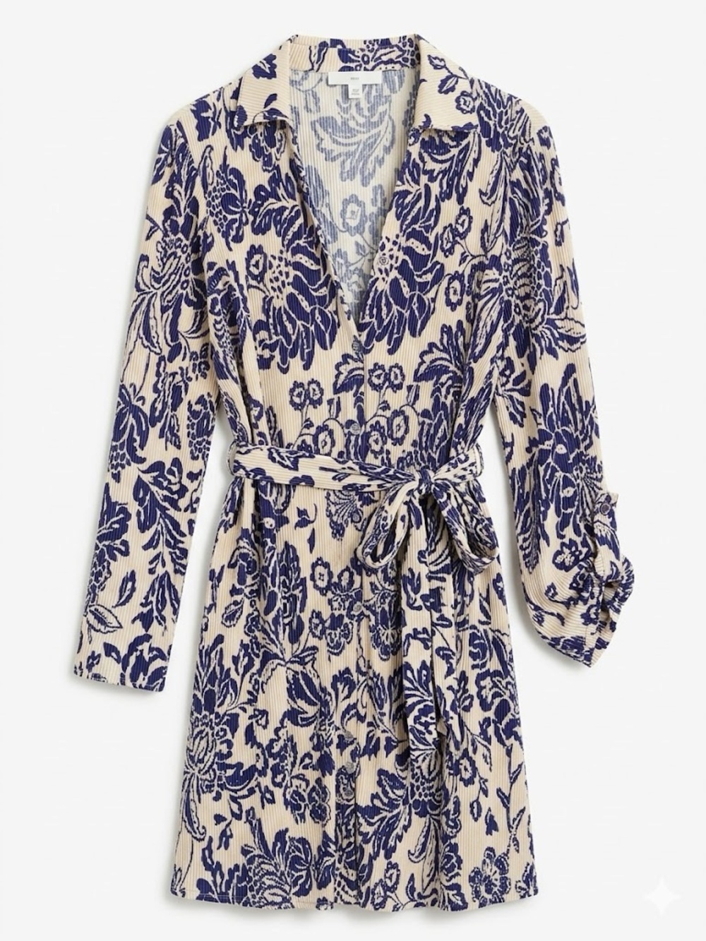 Floral Tie-Waist Shirt dress- Navy on Cream